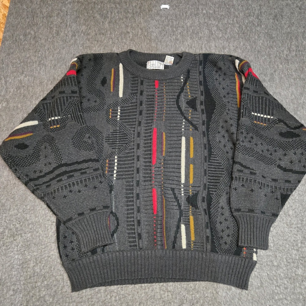 Vintage Fluid Sweater Mens Medium Gray Cosby Style Abstract Knit Wool Blend